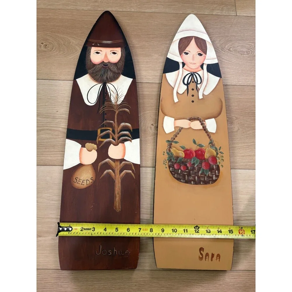 Pilgrim Wooden Wall Plaques Pair Thanksgiving Fall Decor Joshua & Sara 26x15